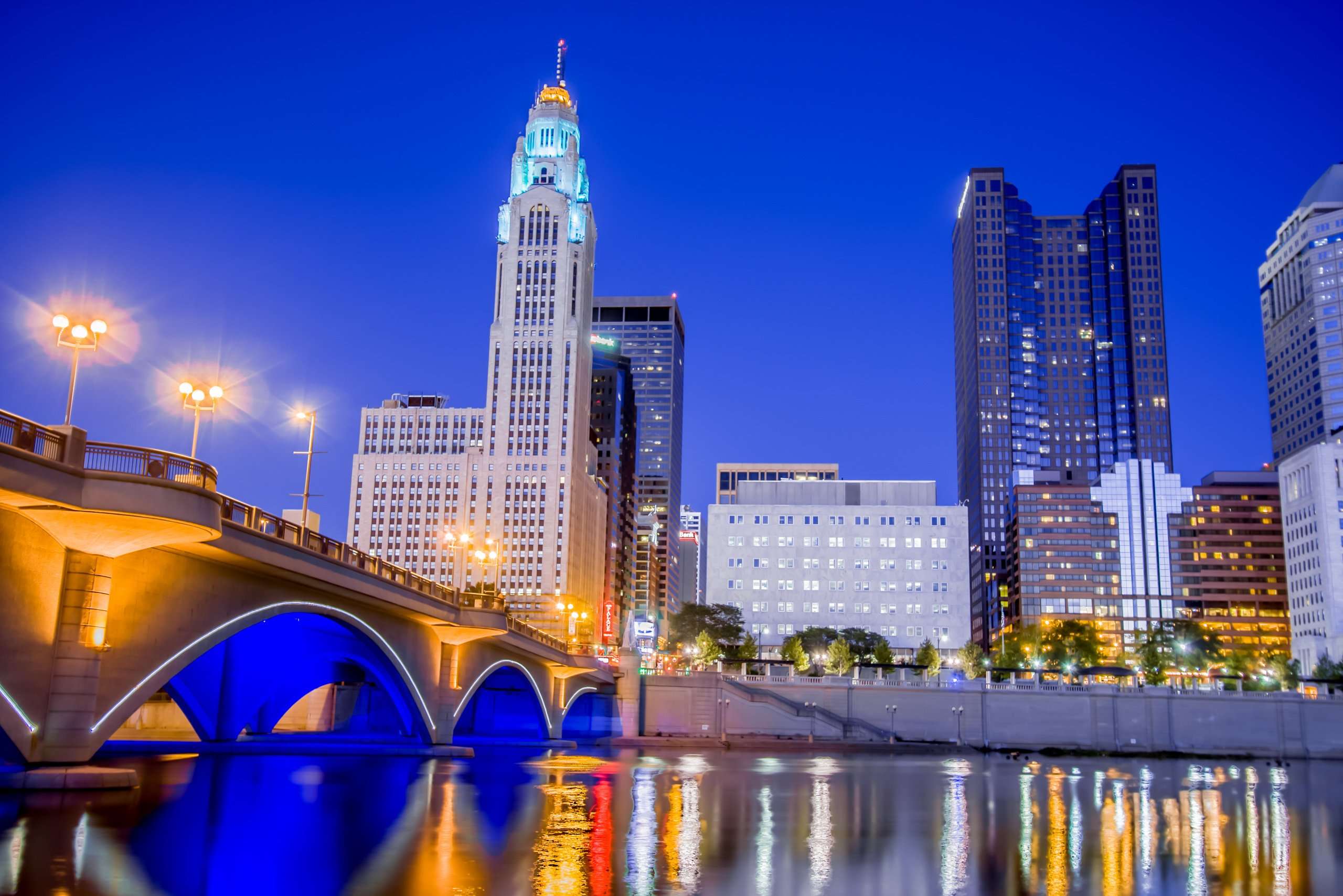 Broad Street Bridge Scioto River Downtown Columbus Ohio Skyline HDR stock photo